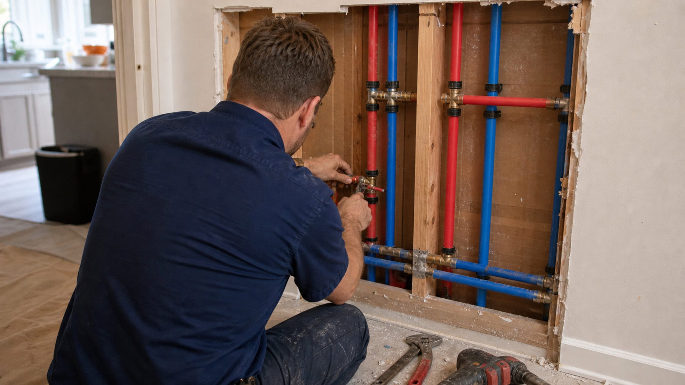 Plumber repairing red and blue water supply pipes inside an open residential wall.